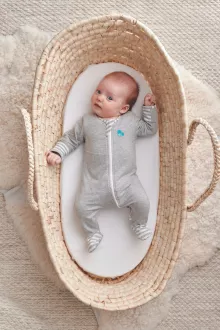 enclosed foot romper grey baby in bassinet