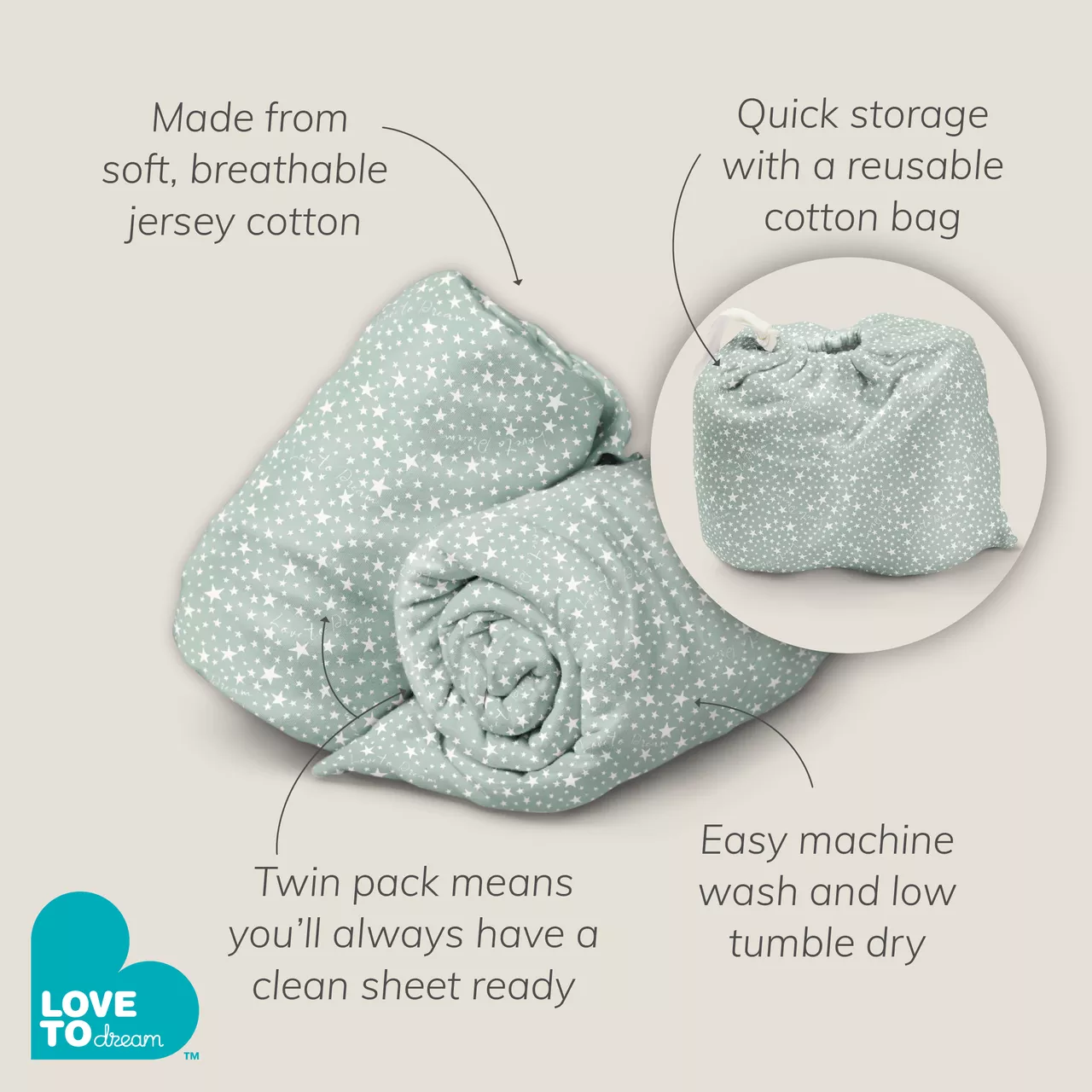 Love To Dream™ Twin Pack Fitted Bassinet / Basket Sheet Grey